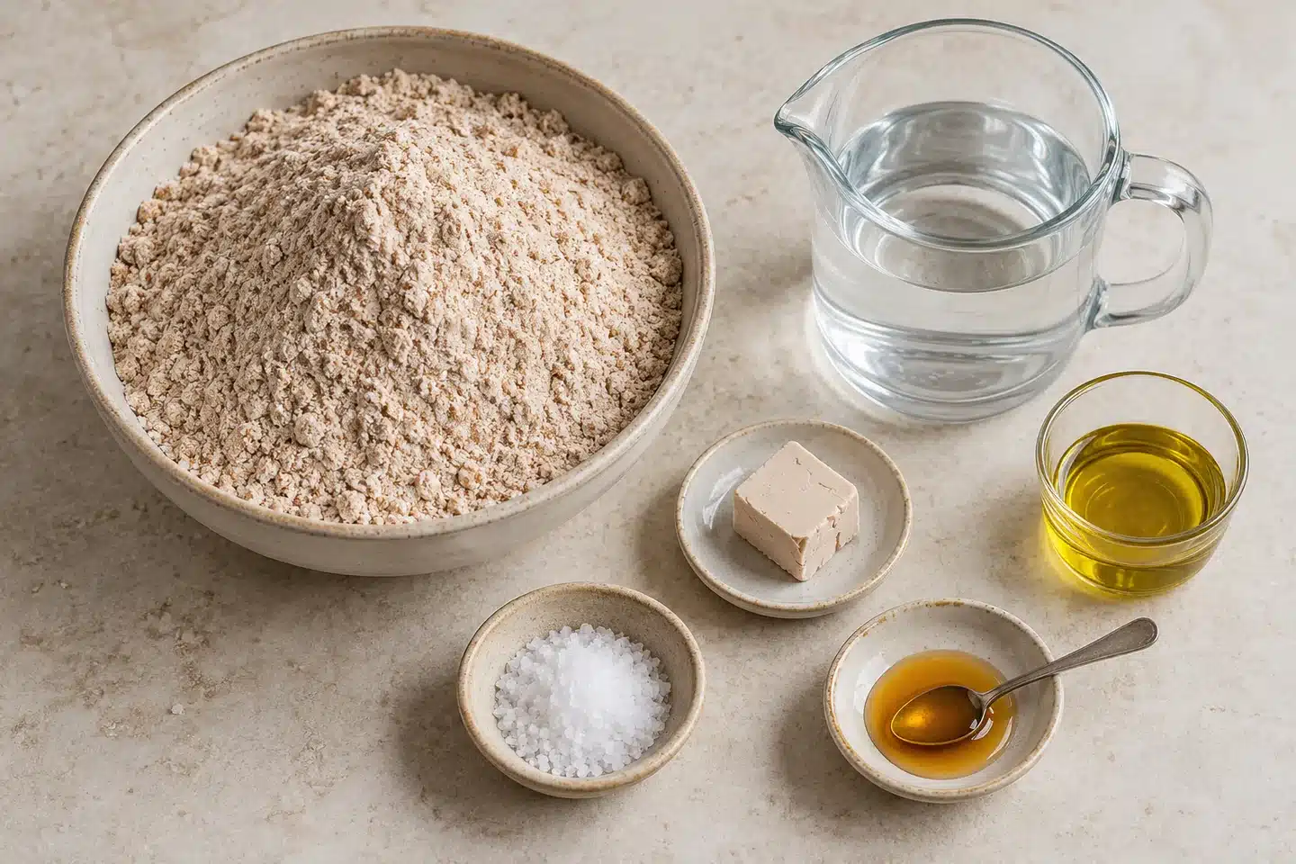 Harina integral de trigo, agua, levadura fresca, sal, aceite y miel opcional