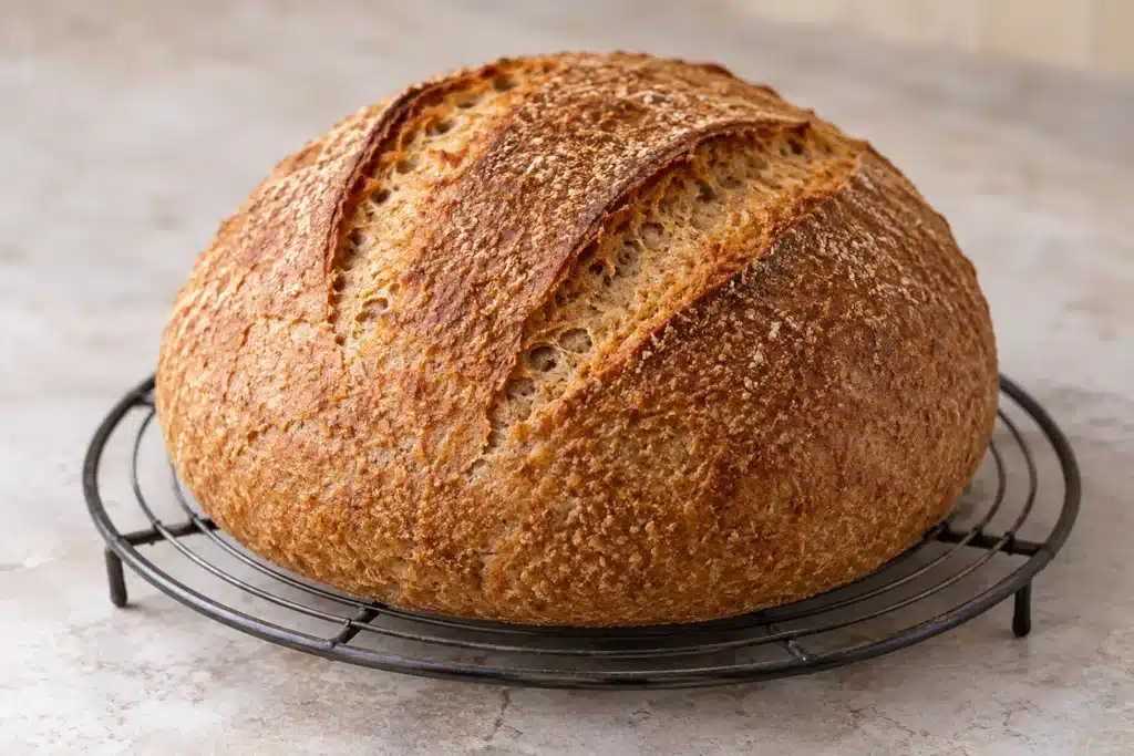 Hogaza de pan integral casero con corteza dorada y dos cortes