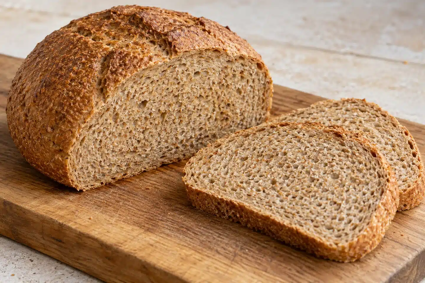 Pan integral casero cortado en rebanadas con miga de pequeños alveolos