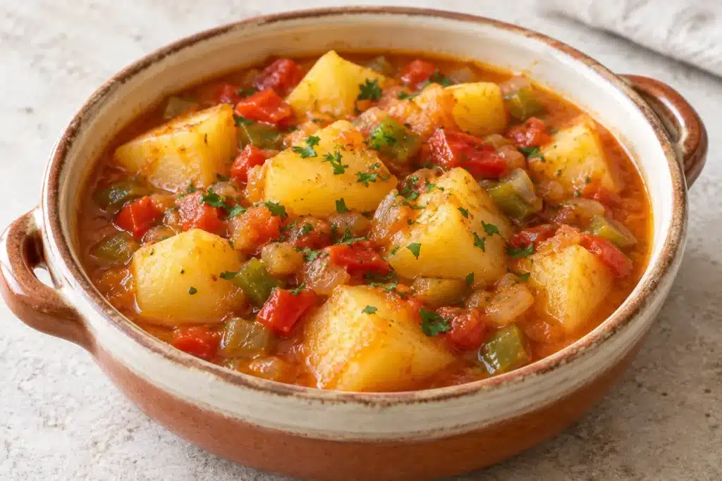 Patatas guisadas con pimientos, cebolla y caldo ligado en una cazuela