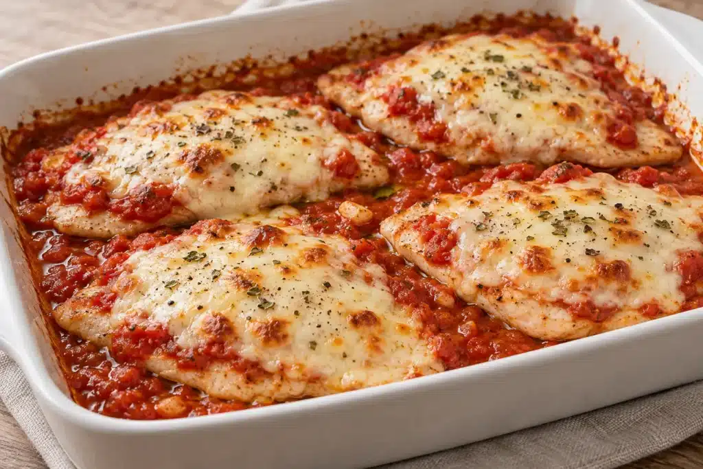 Cuatro filetes de pavo con tomate y mozzarella gratinada en una fuente