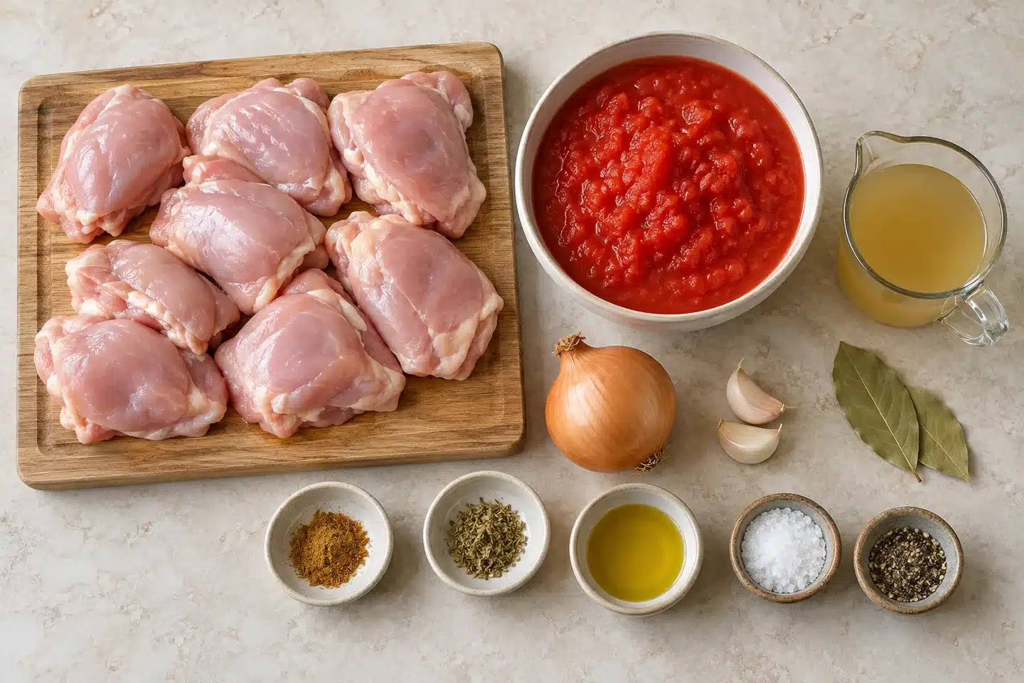Pollo con Tomate receta de la abuela Contramuslos de pollo sin piel, tomate triturado, cebolla, ajo, caldo y especias