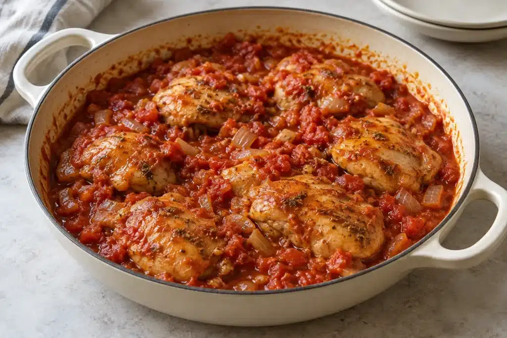 Contramuslos de pollo deshuesados guisados en salsa de tomate