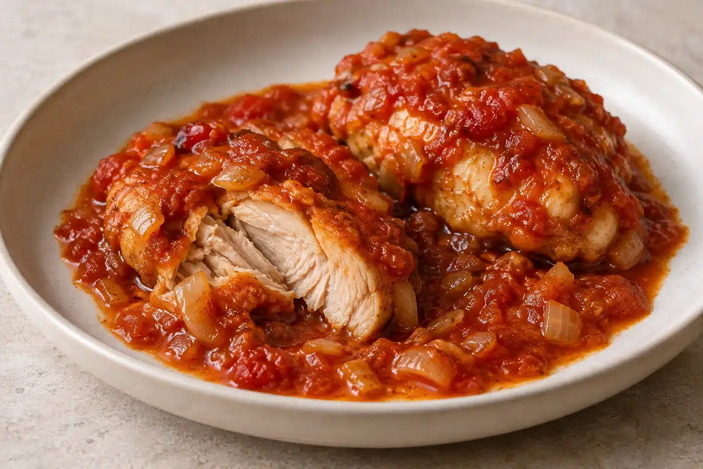 Pollo con Tomate receta de la abuela Porción de pollo con tomate con carne cocinada y salsa ligada