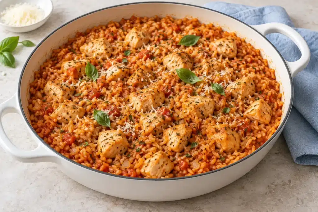 Pollo italiano con arroz, tomate y hierbas servido en una cazuela