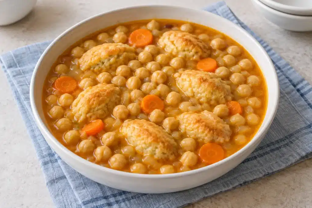 Potaje de garbanzos con repápalos de pan y huevo, zanahoria y caldo