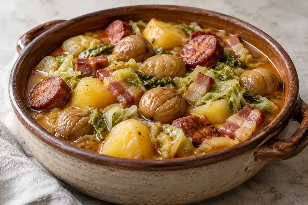 Pote de castañas con patatas, berza, chorizo y panceta