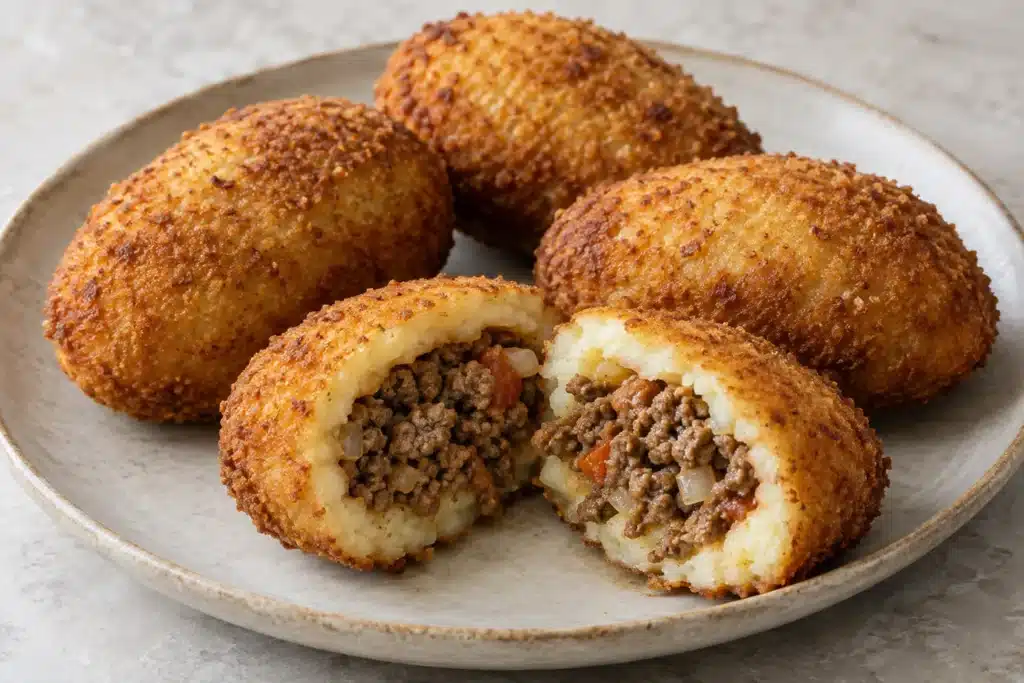 Papas rellenas de carne con cobertura de pan rallado dorada