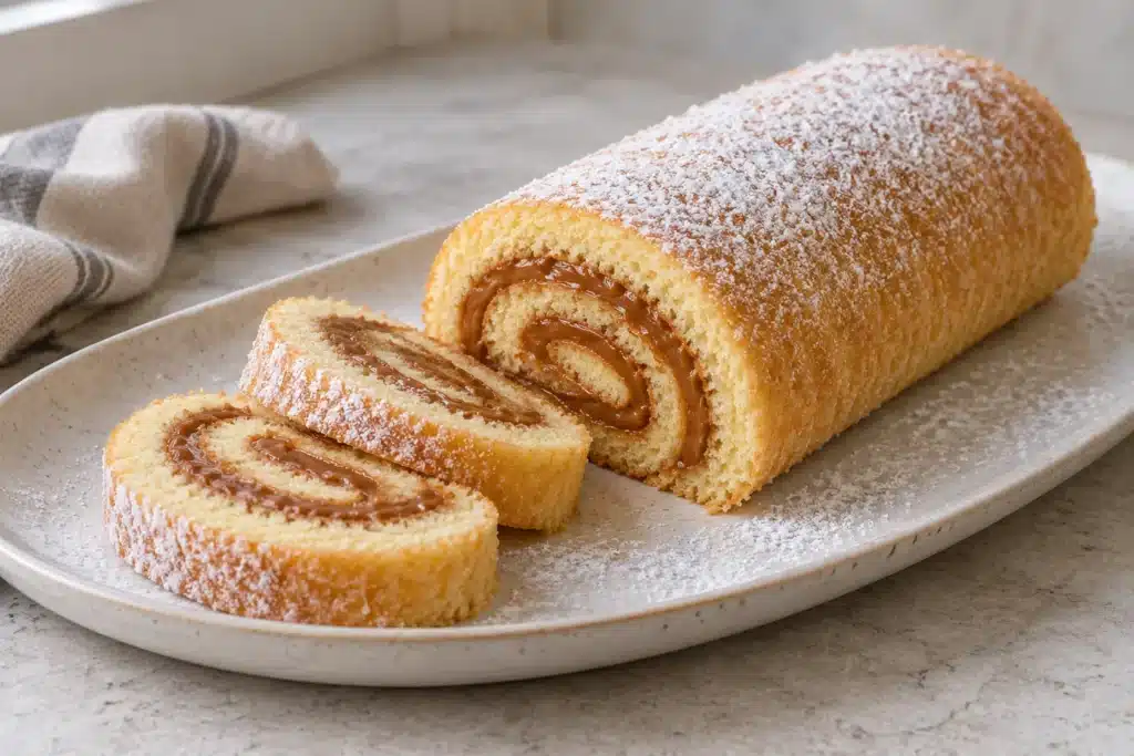 Pionono de bizcocho relleno de dulce de leche y espolvoreado con azúcar glas