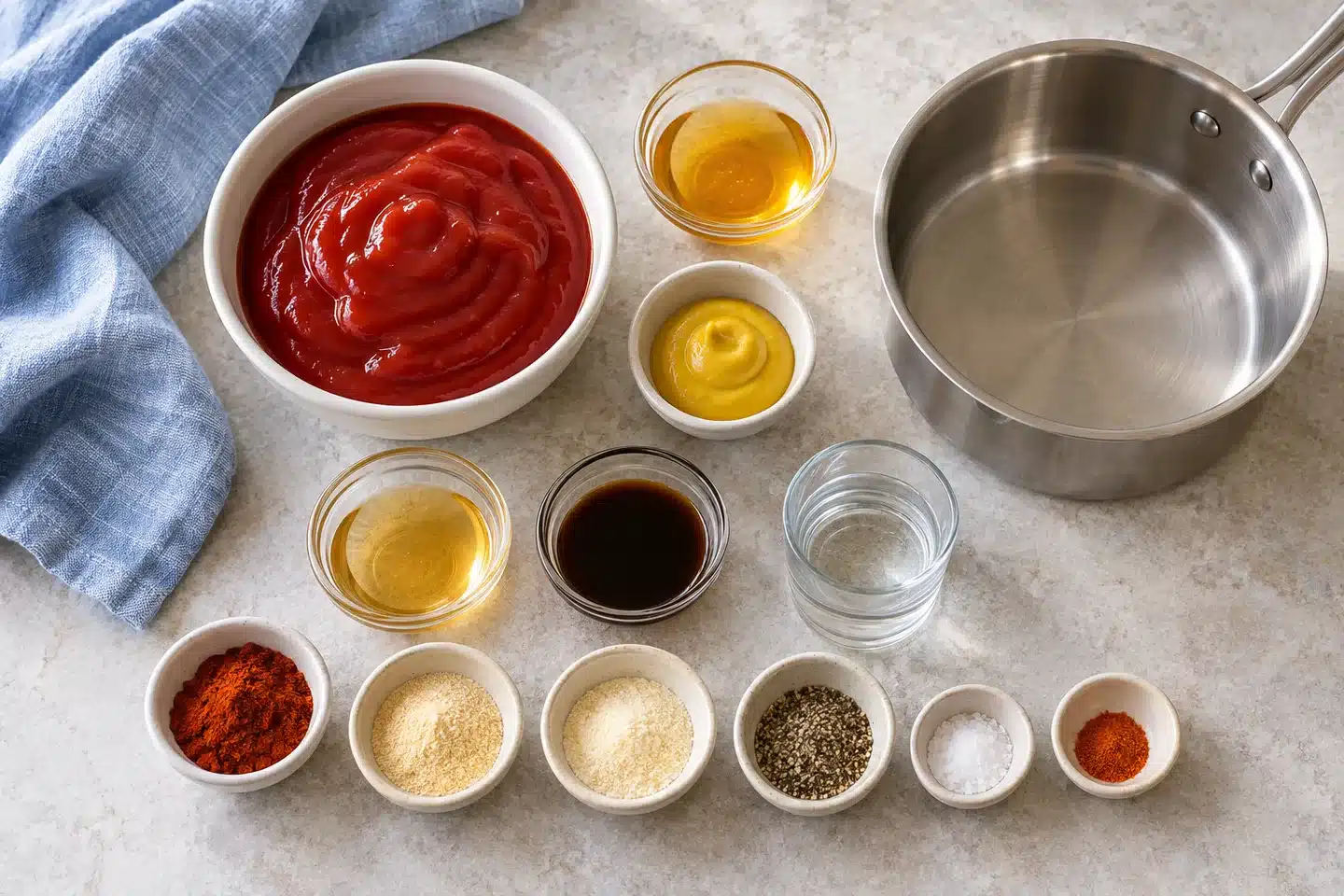 Kétchup, mostaza, miel, vinagre, salsa Worcestershire y especias para la barbacoa