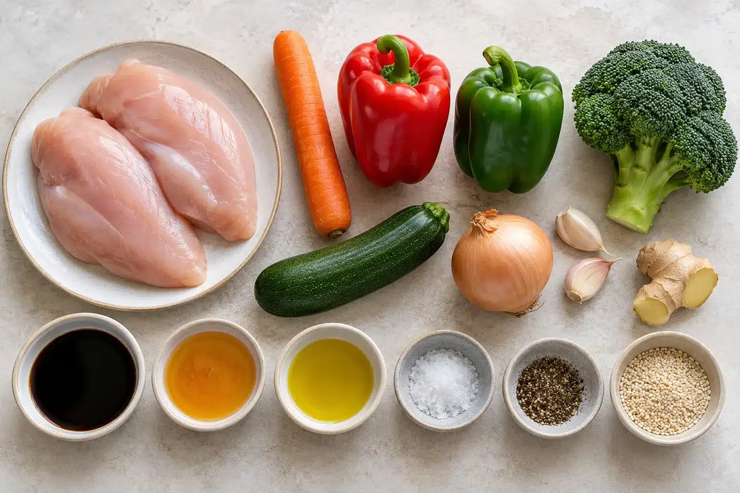 Pollo, verduras, soja, miel y jengibre separados para el salteado