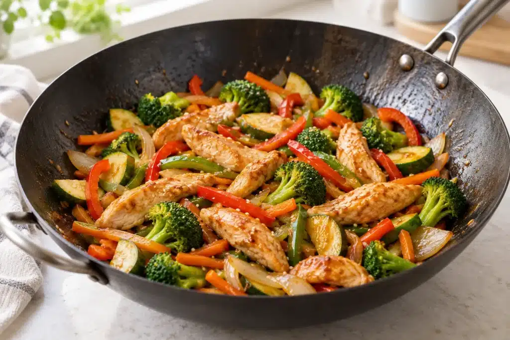 Pollo salteado con brócoli, pimientos, zanahoria y calabacín en un wok