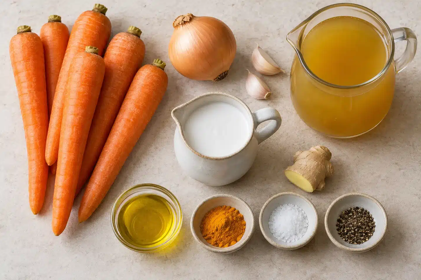 Zanahorias, cebolla, ajo, caldo de verduras, leche de coco, jengibre, cúrcuma y aceite