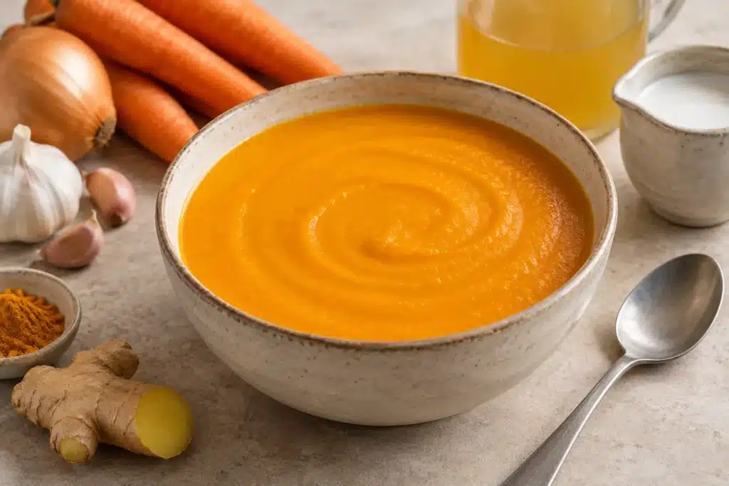Sopa de zanahoria vegana triturada con leche de coco