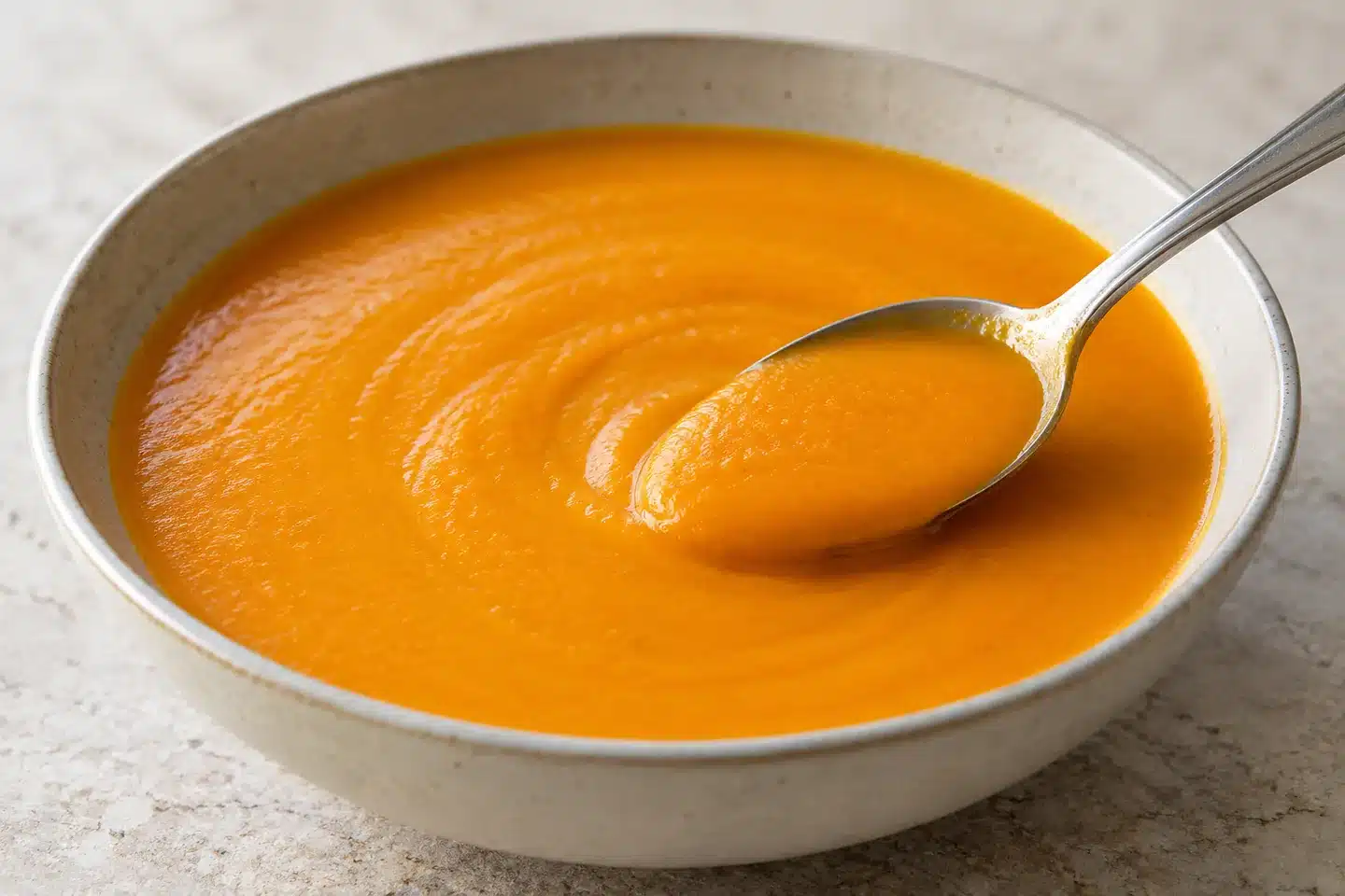 Sopa cremosa de zanahoria y coco servida en un cuenco