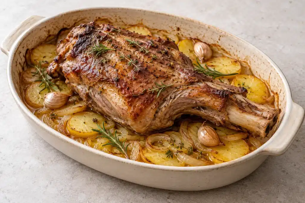 Paletilla de ternasco asada sobre patatas en rodajas con ajo y hierbas