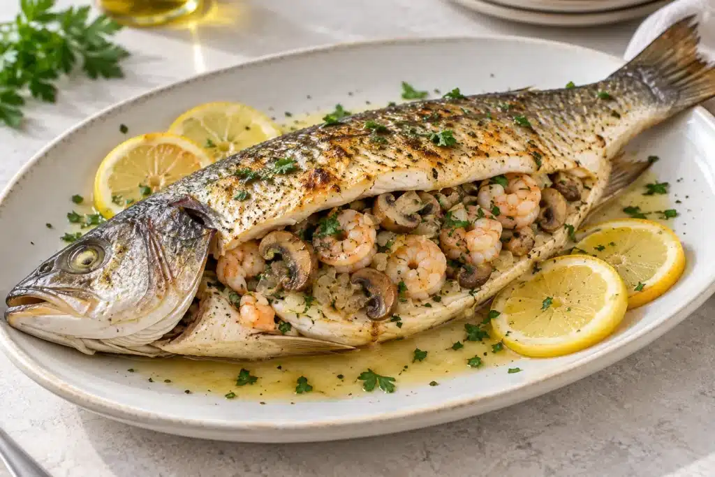 Lubina rellena de gambas y champiñones