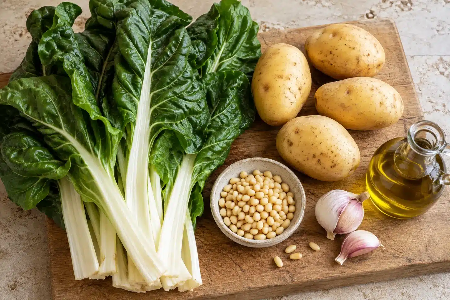 Ingredientes para acelgas con patatas y piñones