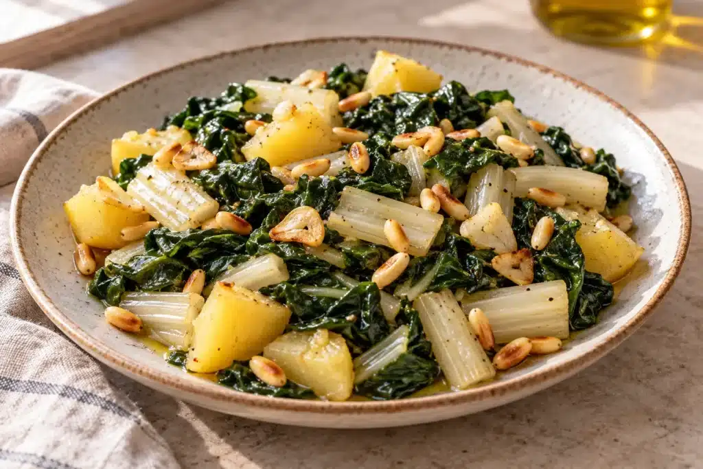 Acelgas con patatas y piñones listo para servir