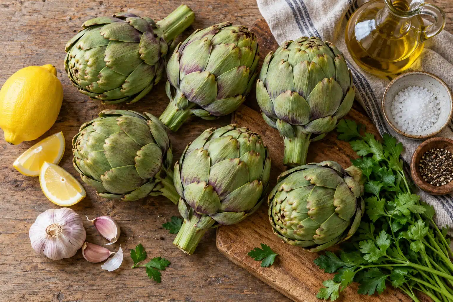Alcachofas frescas, limón, ajo y perejil