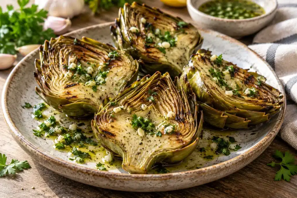 Alcachofas tiernas marcadas a la plancha