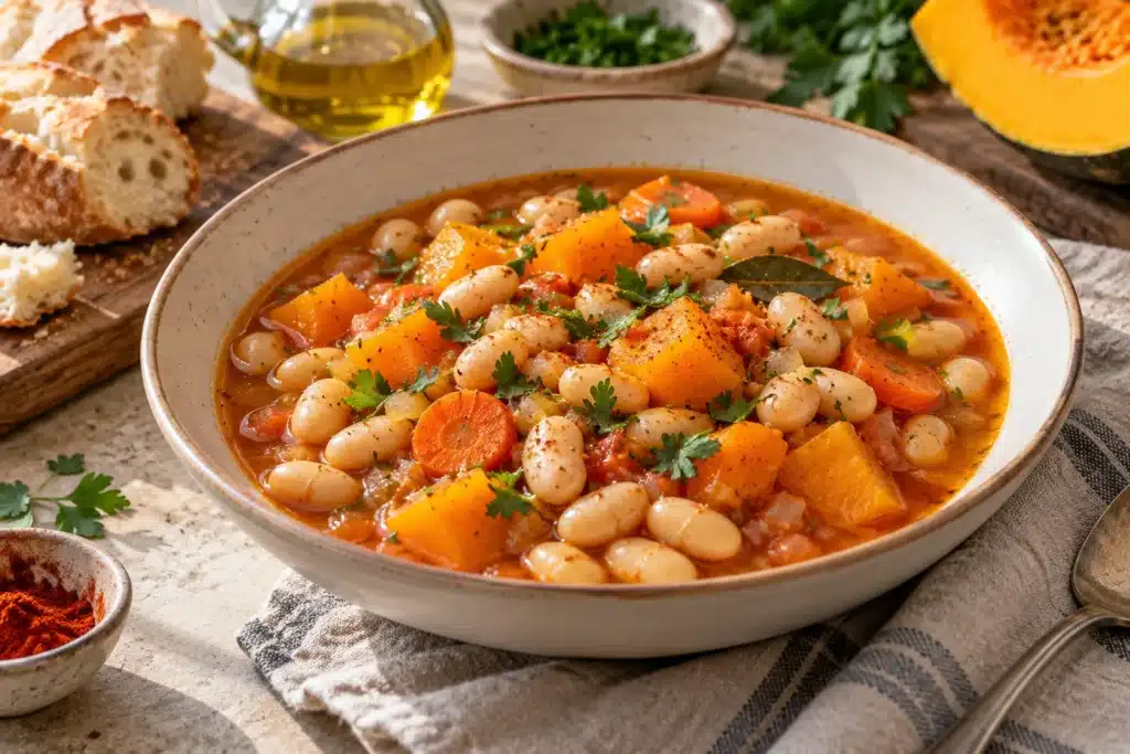 alubias blancas de bote con calabaza servido