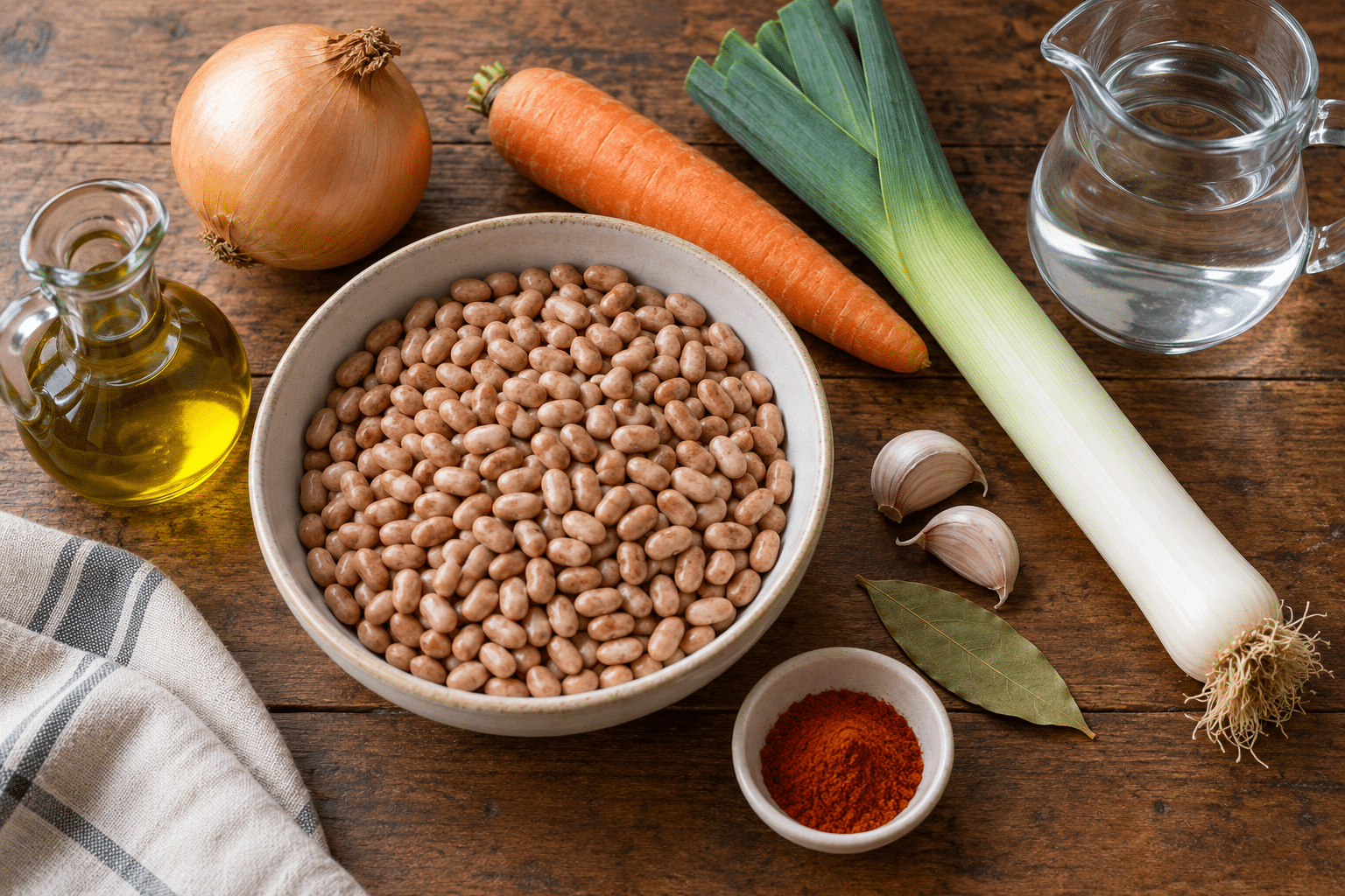 Alubias canela secas, verduras, laurel y pimentón