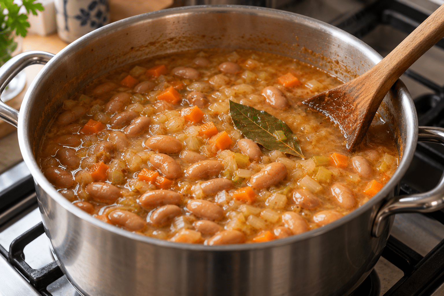 Guiso de alubias canela cocinándose en la olla