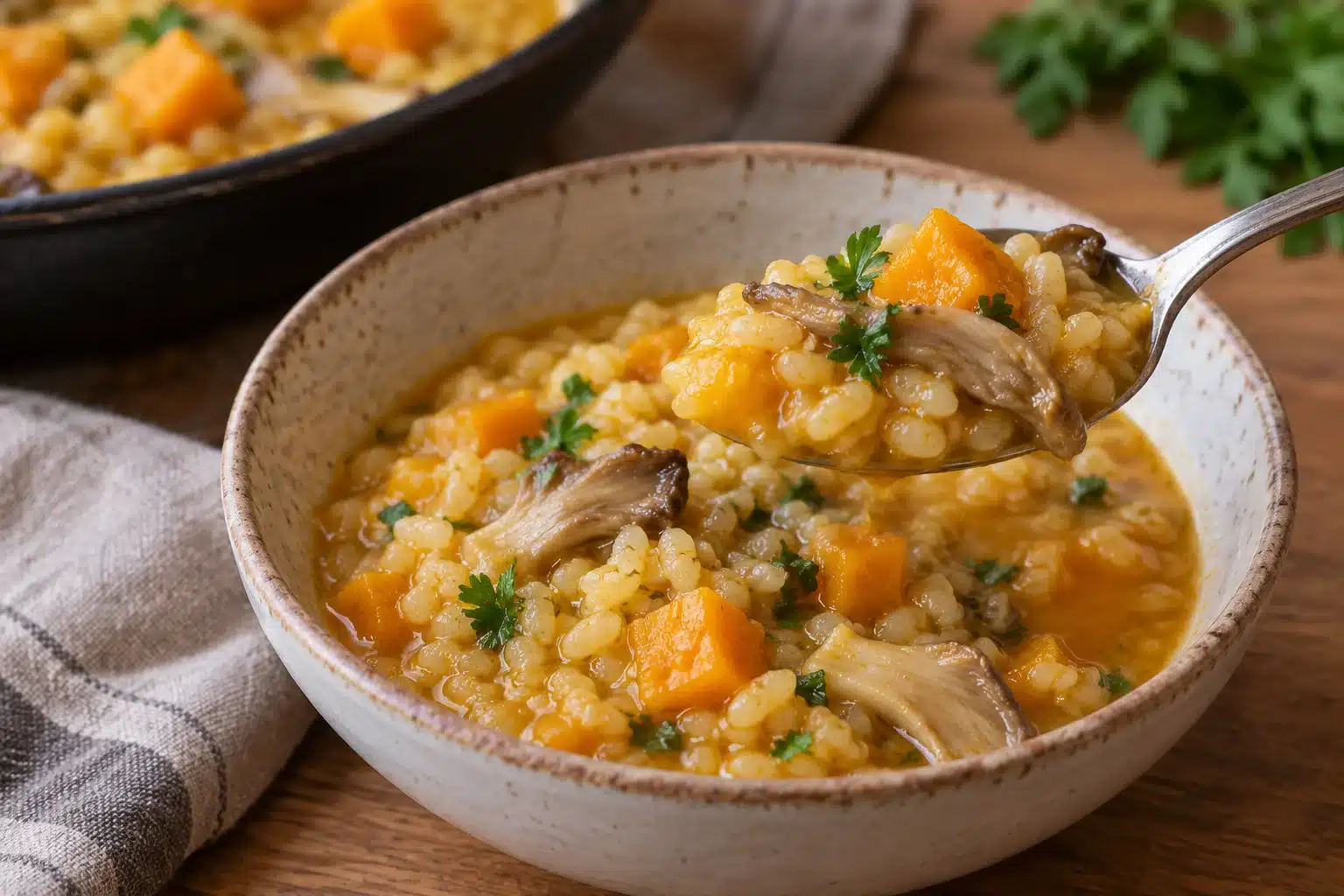 arroz meloso con calabaza y setas al terminar la preparación