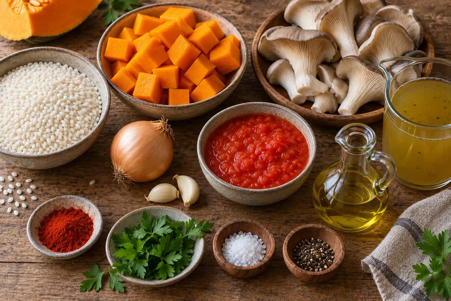 Ingredientes para arroz meloso con calabaza y setas