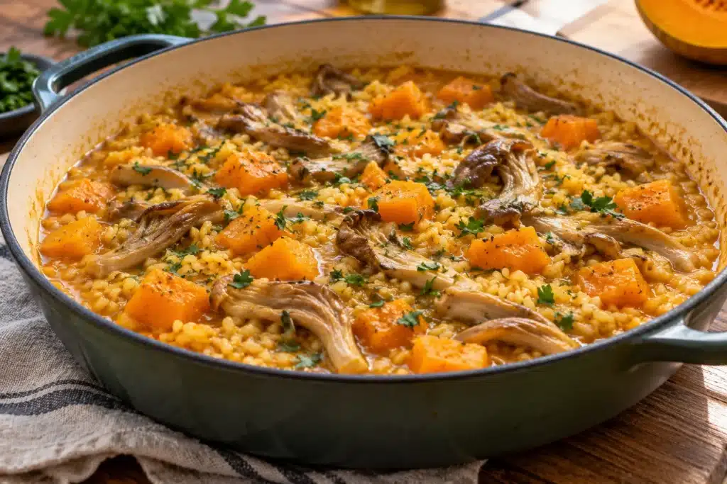 arroz meloso con calabaza y setas servido