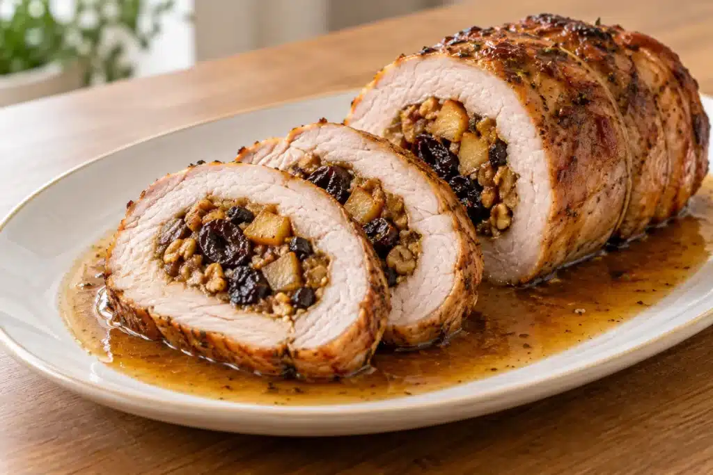 Lomo relleno de ciruelas listo para servir