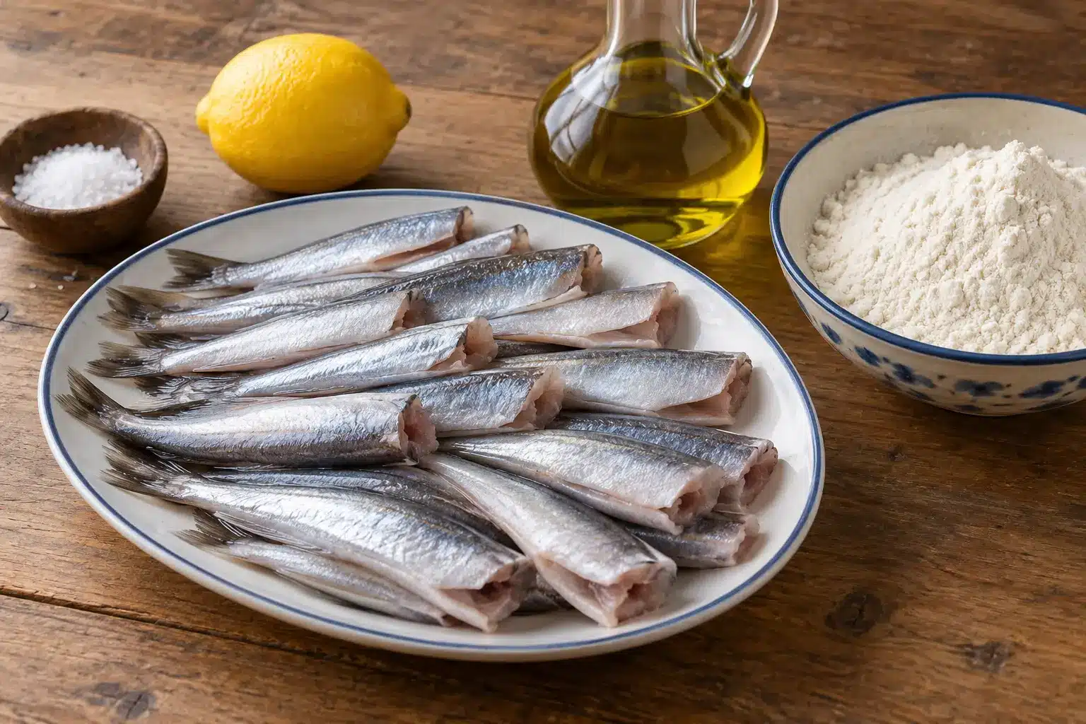 Bacaladitos limpios, harina, aceite y limón