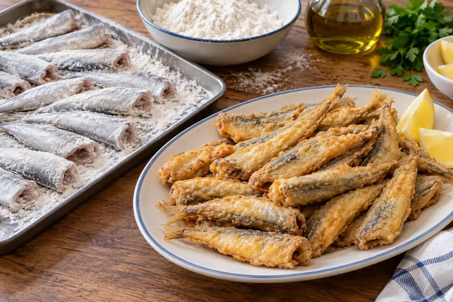 Bacaladitos enharinados y primera tanda frita