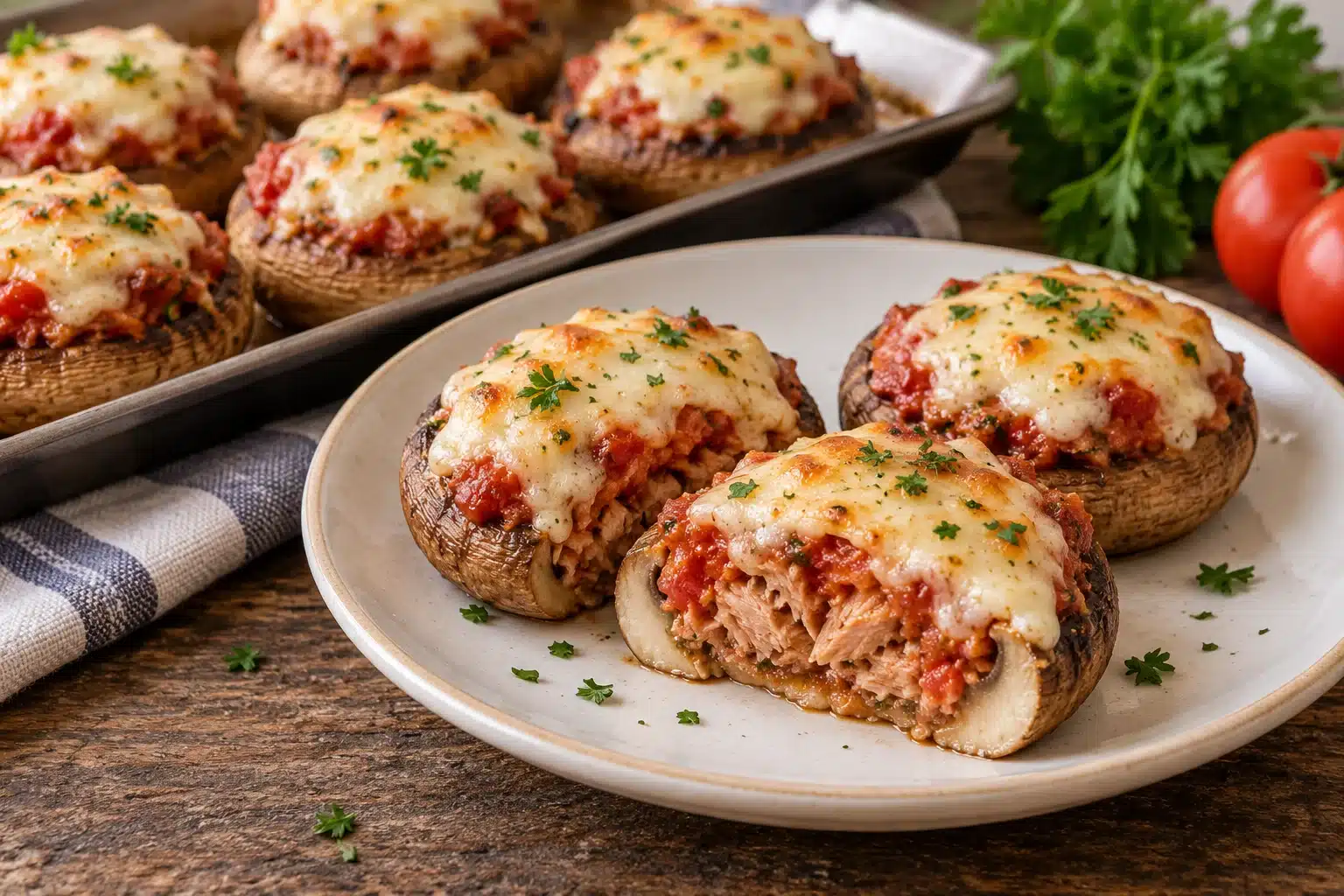 champiñones rellenos de atún en freidora de aire al terminar la preparación
