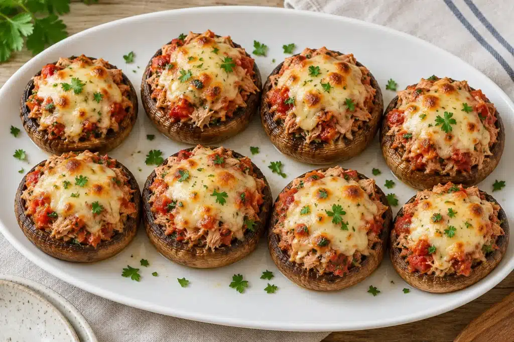 champiñones rellenos de atún en freidora de aire servido