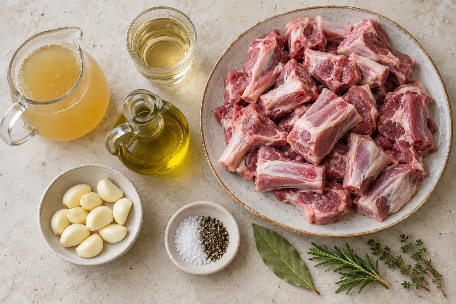 Cordero troceado, ajos, vino blanco, caldo y hierbas para el ajillo