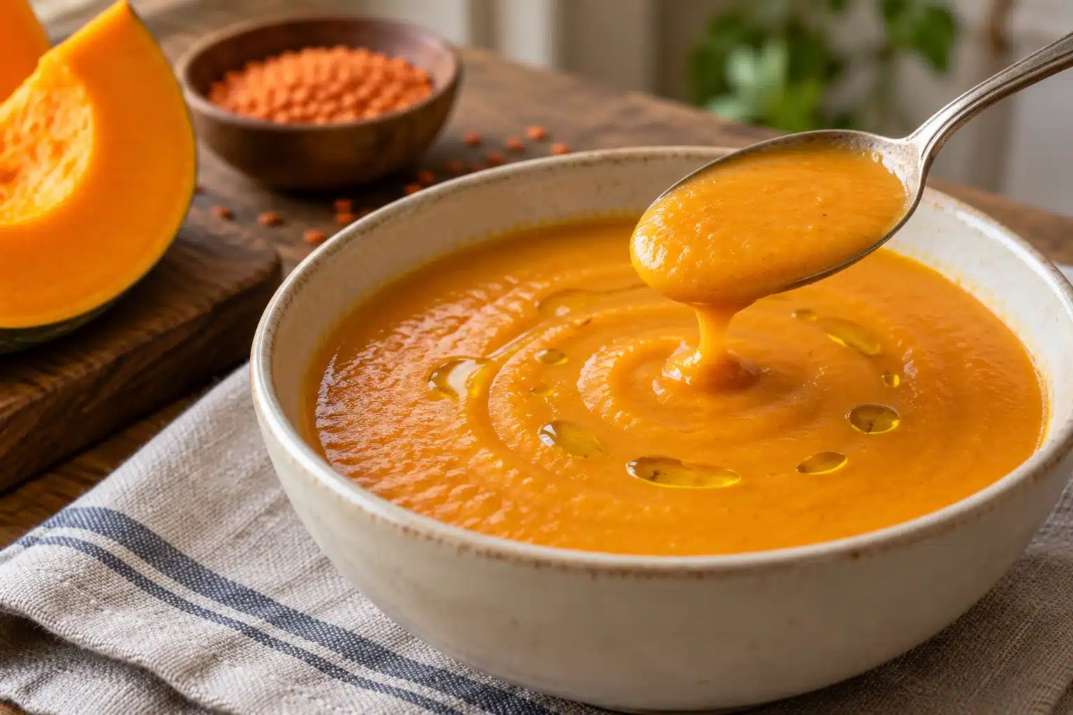crema de calabaza y lentejas rojas al terminar la preparación