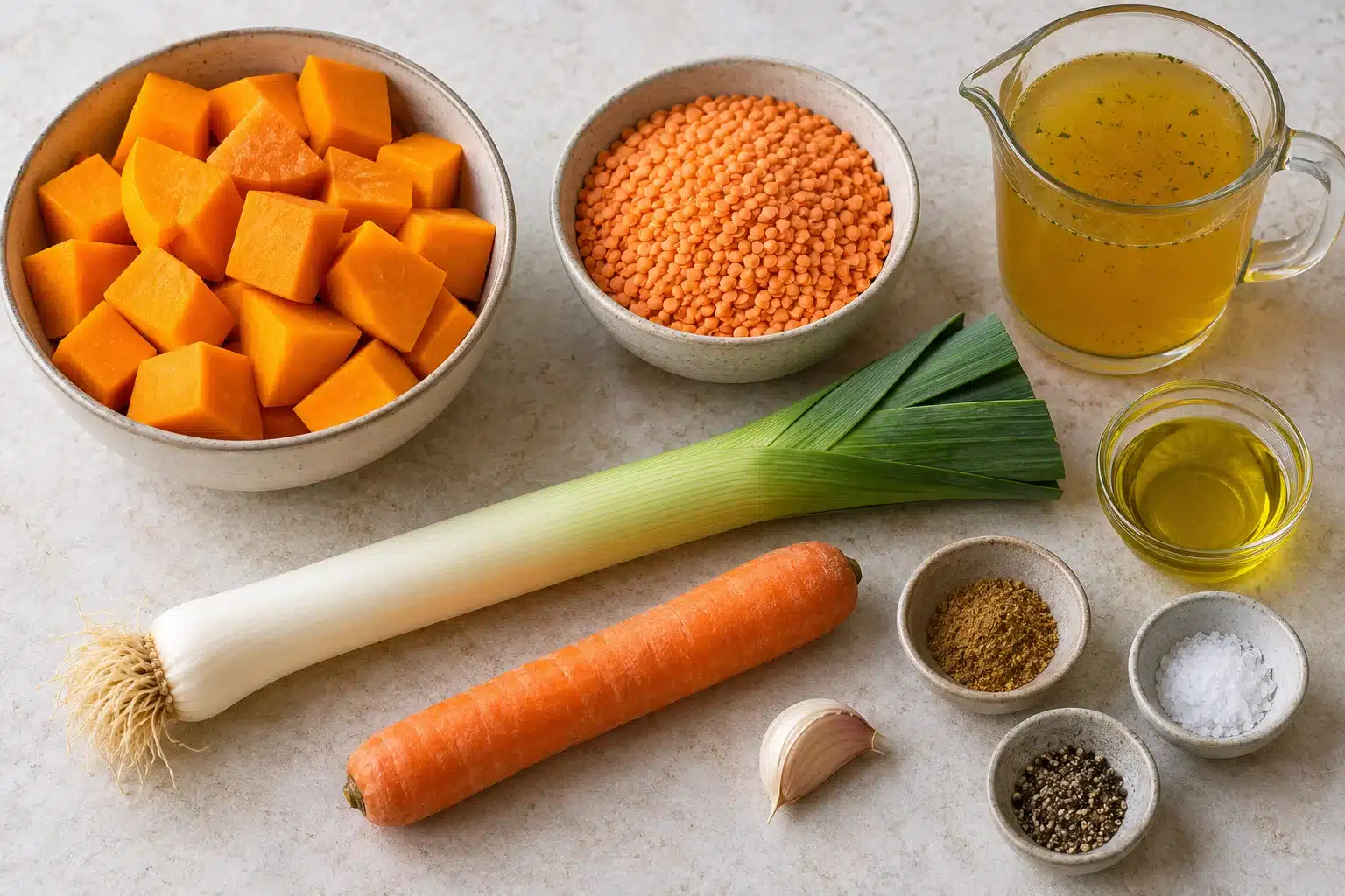 Ingredientes para crema de calabaza y lentejas rojas