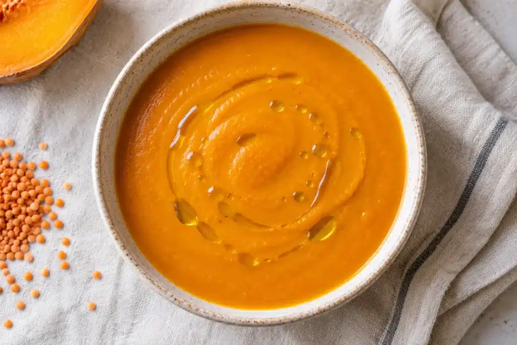 crema de calabaza y lentejas rojas servido
