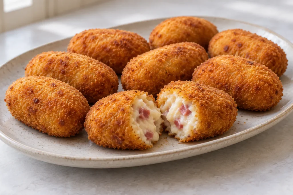 Croquetas de jamón doradas con una pieza abierta que muestra la bechamel