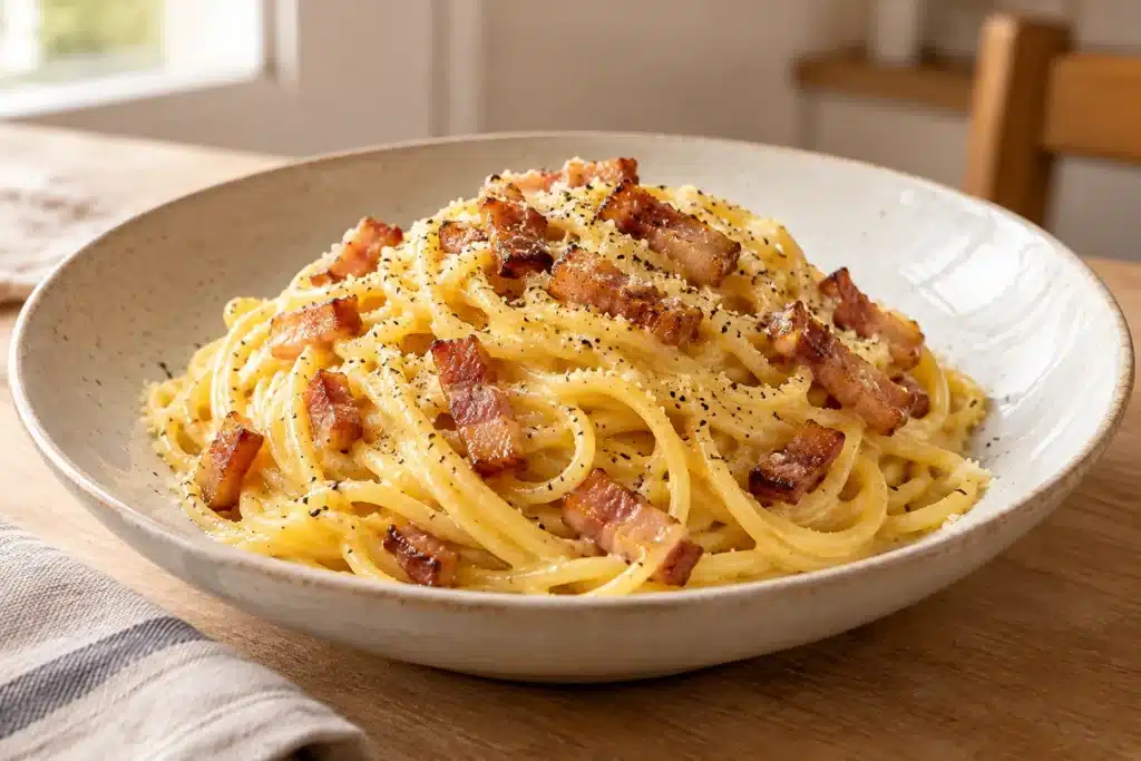Espaguetis carbonara listo para servir