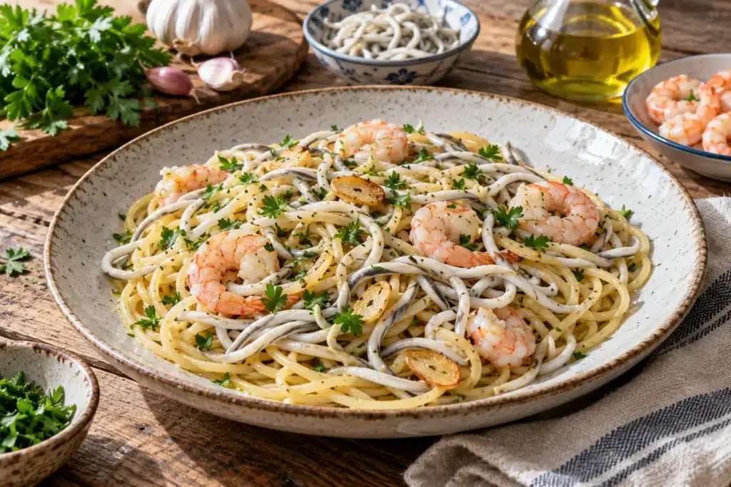 Espaguetis con gulas y gambas salteadas