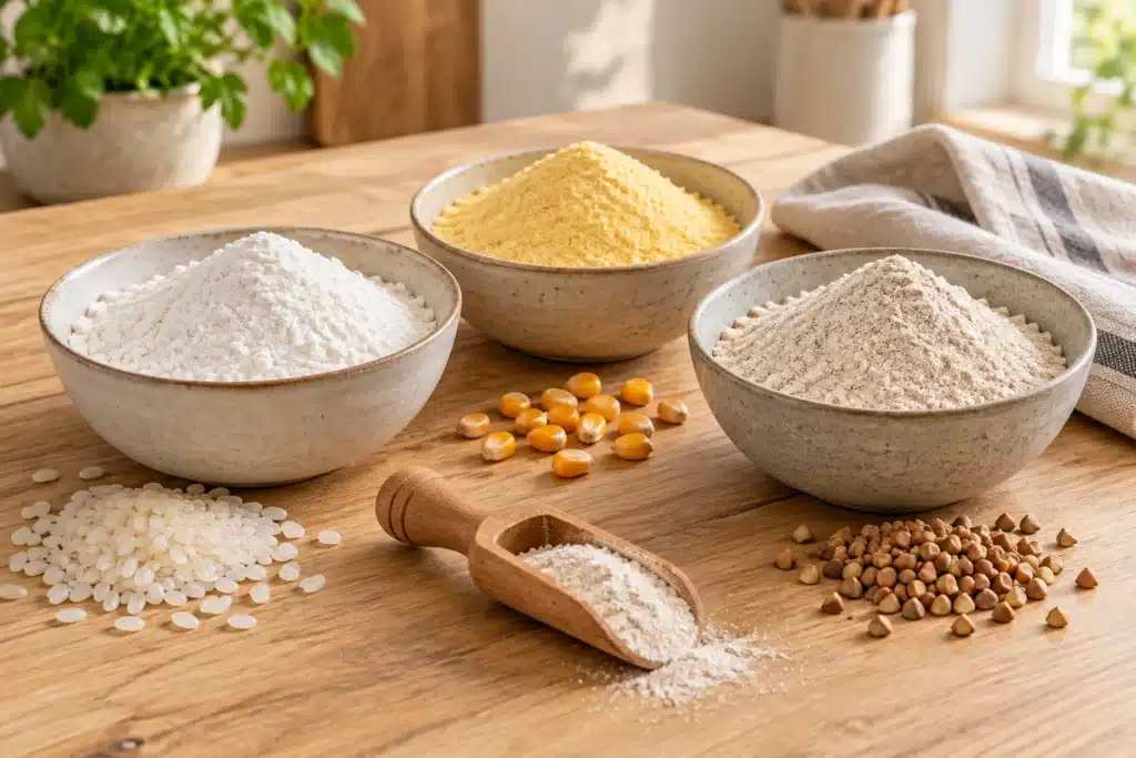 Ilustración de tres cuencos de harina de arroz, maíz y trigo sarraceno sin envases ni marcas
