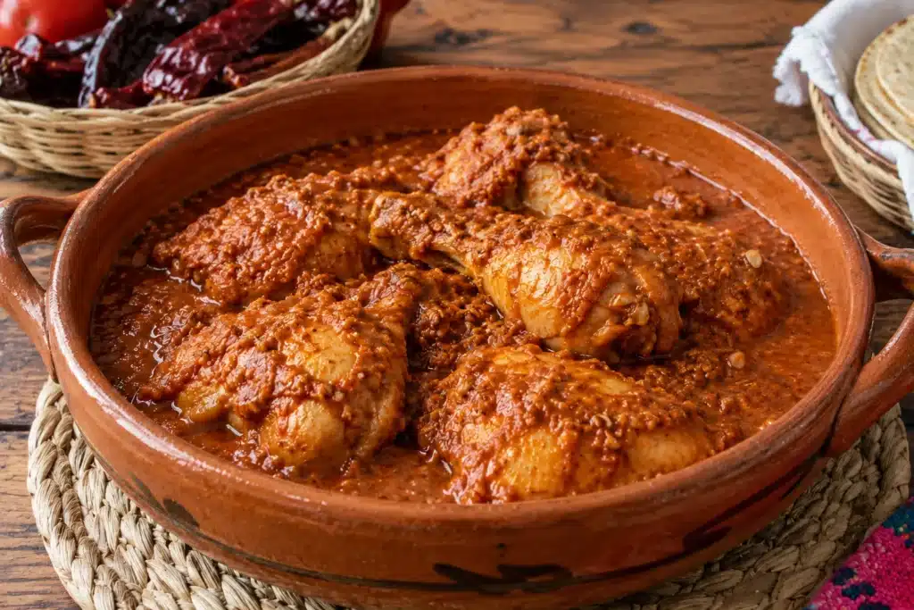 Muslos de pollo con salsa de guajes y chiles en cazuela de barro