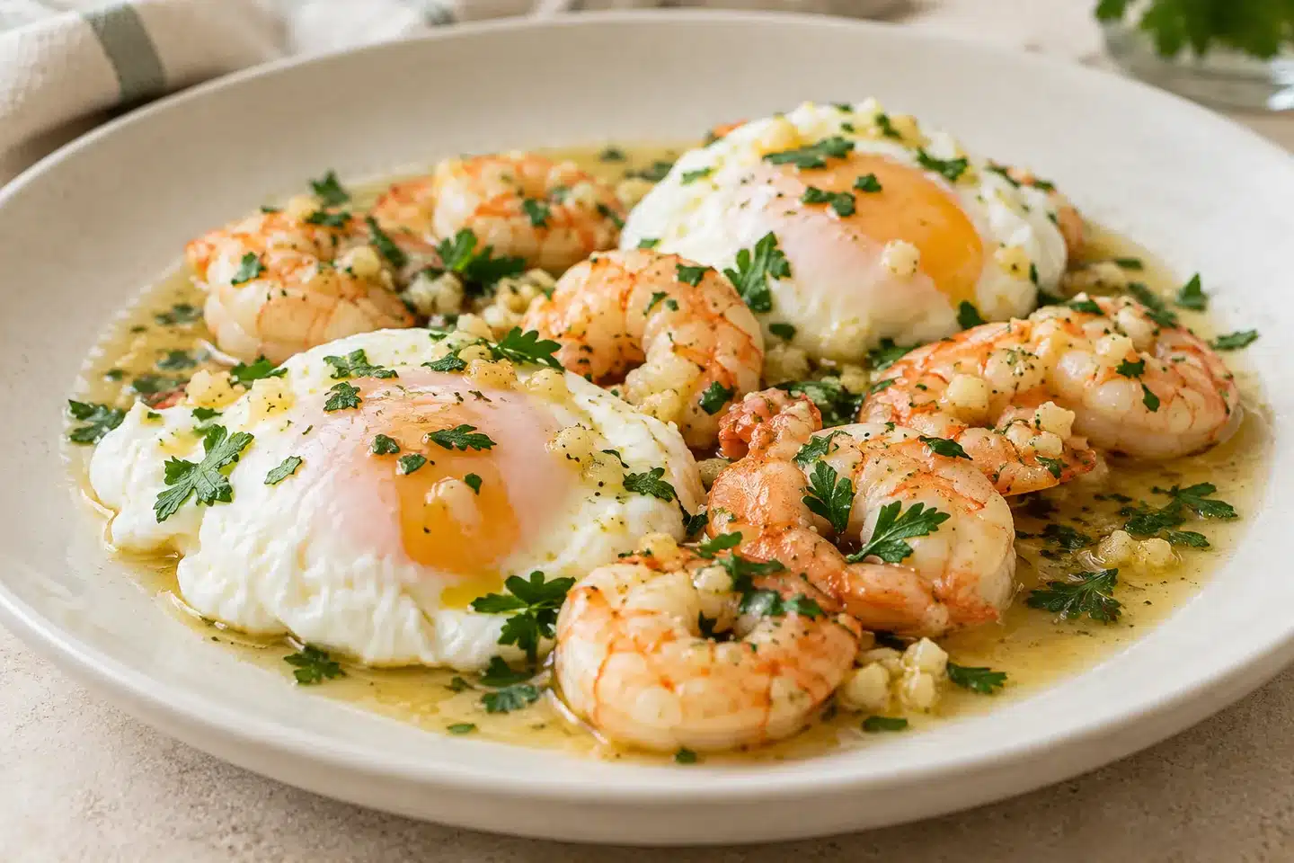 Detalle de huevos escalfados con gambas