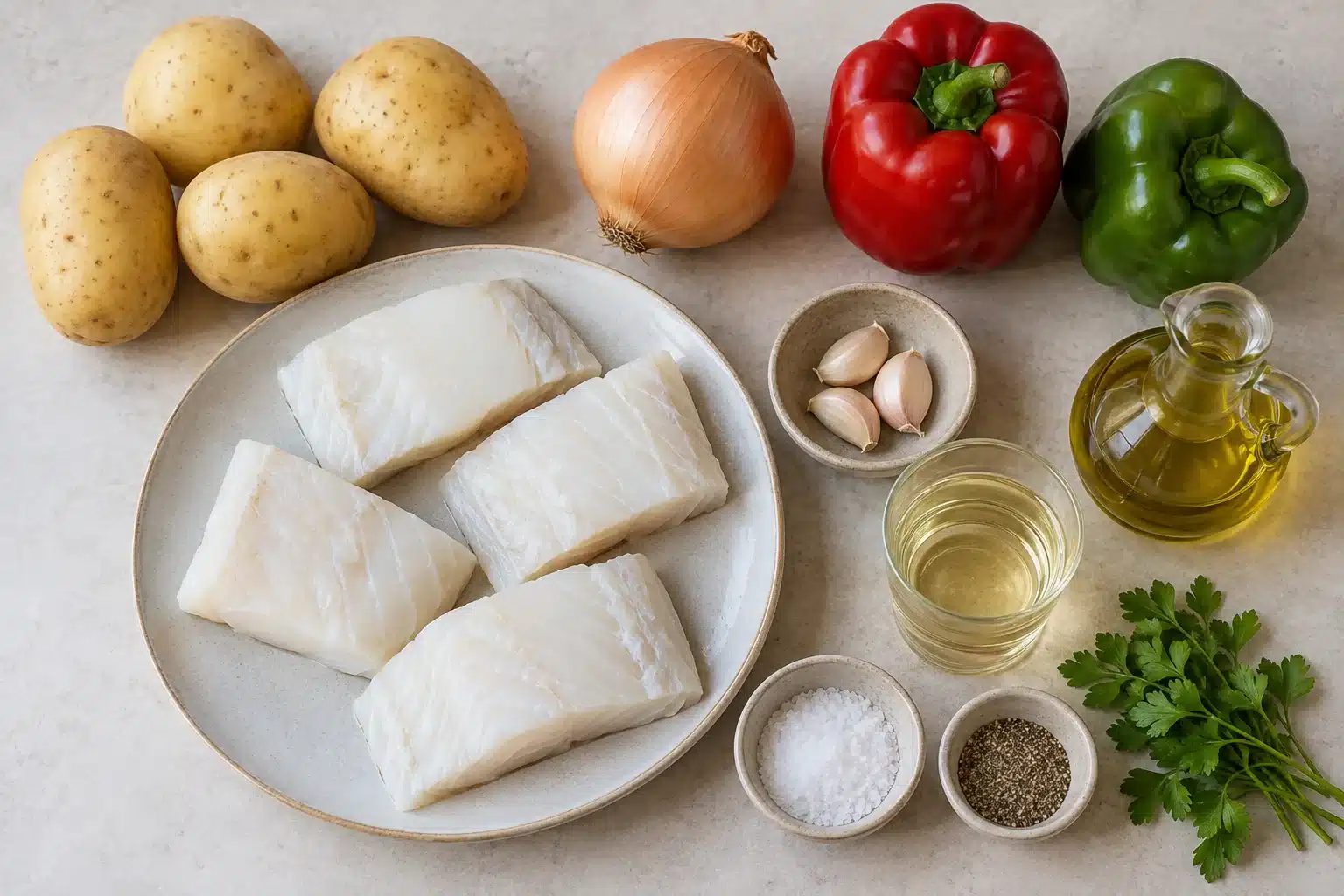 Ingredientes para Bacalao con patatas panaderas cebolla y pimientos