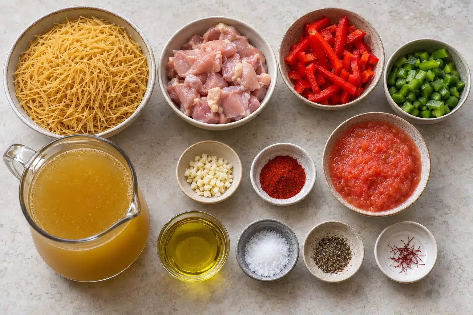 Ingredientes para fideuá de pollo con pimientos