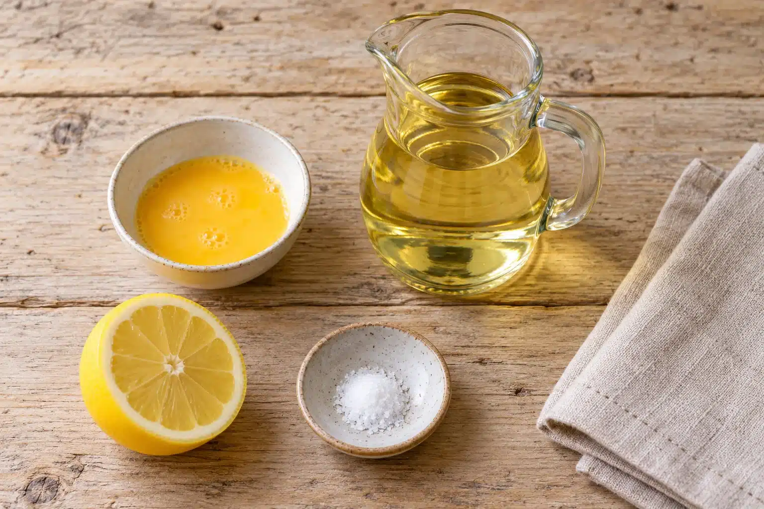Huevo pasteurizado, aceite, limón y sal para hacer mayonesa