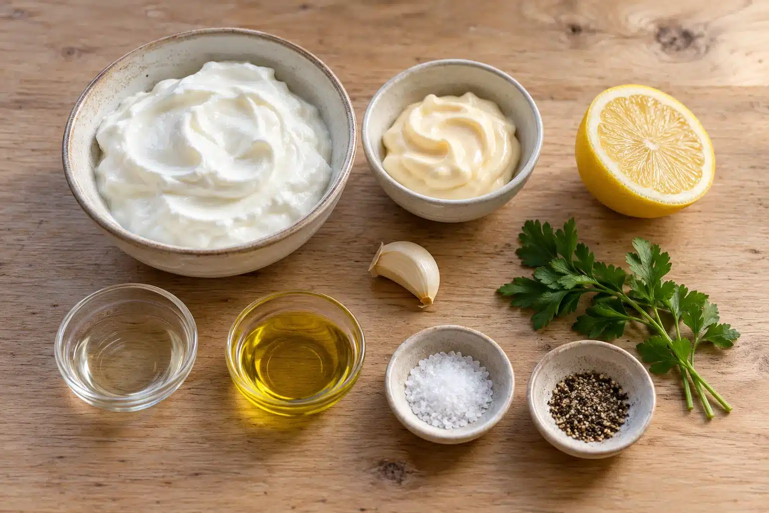 Ingredientes de salsa kebab: yogur, mayonesa, ajo, limón y condimentos